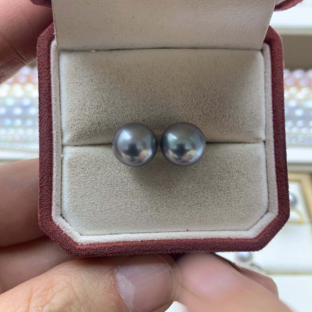 海水珍珠耳饰18K金镶嵌9-10大溪地铂金灰素钉