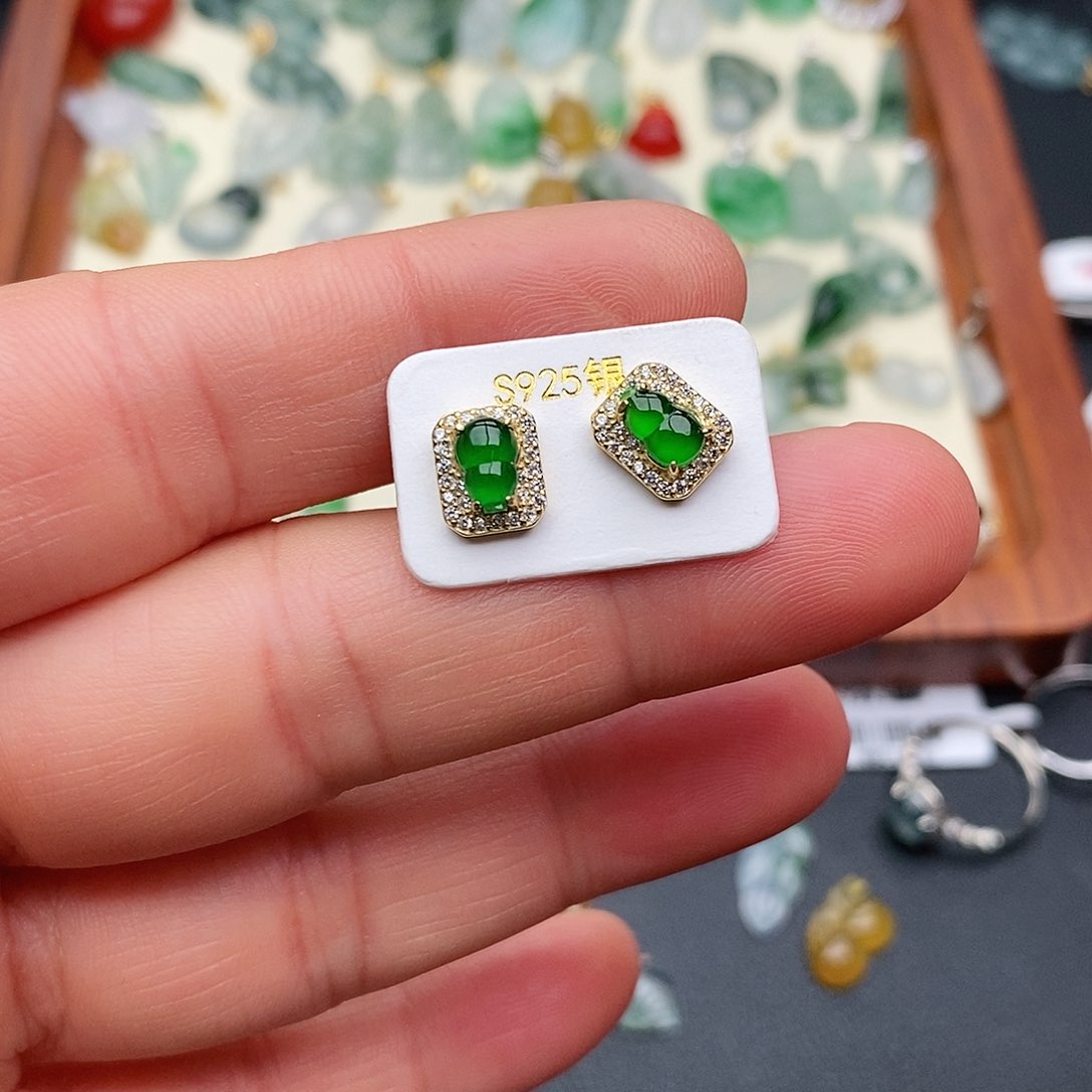 翡翠耳饰银S925镶嵌耳钉