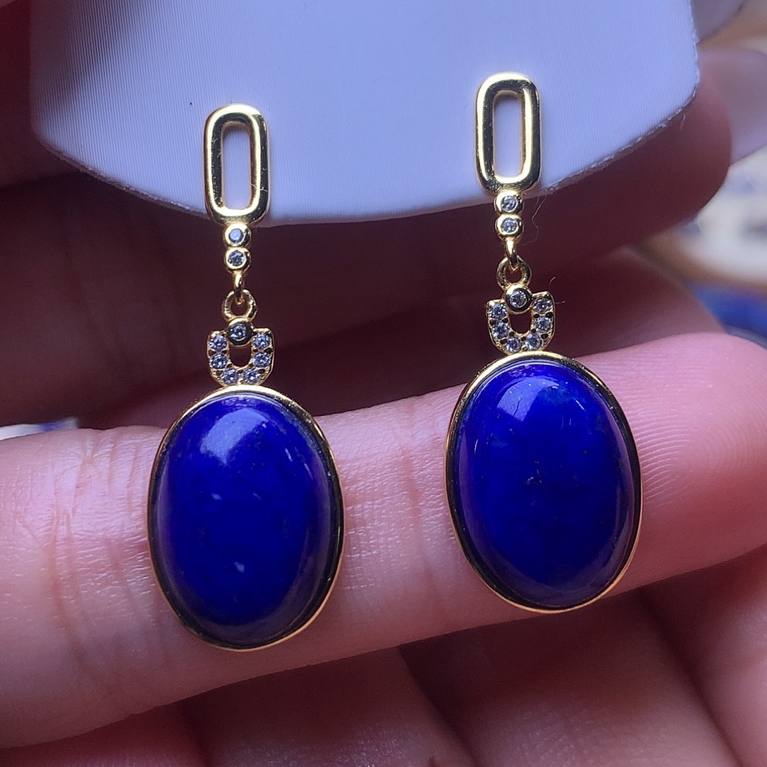 青金石银S925镶嵌耳饰