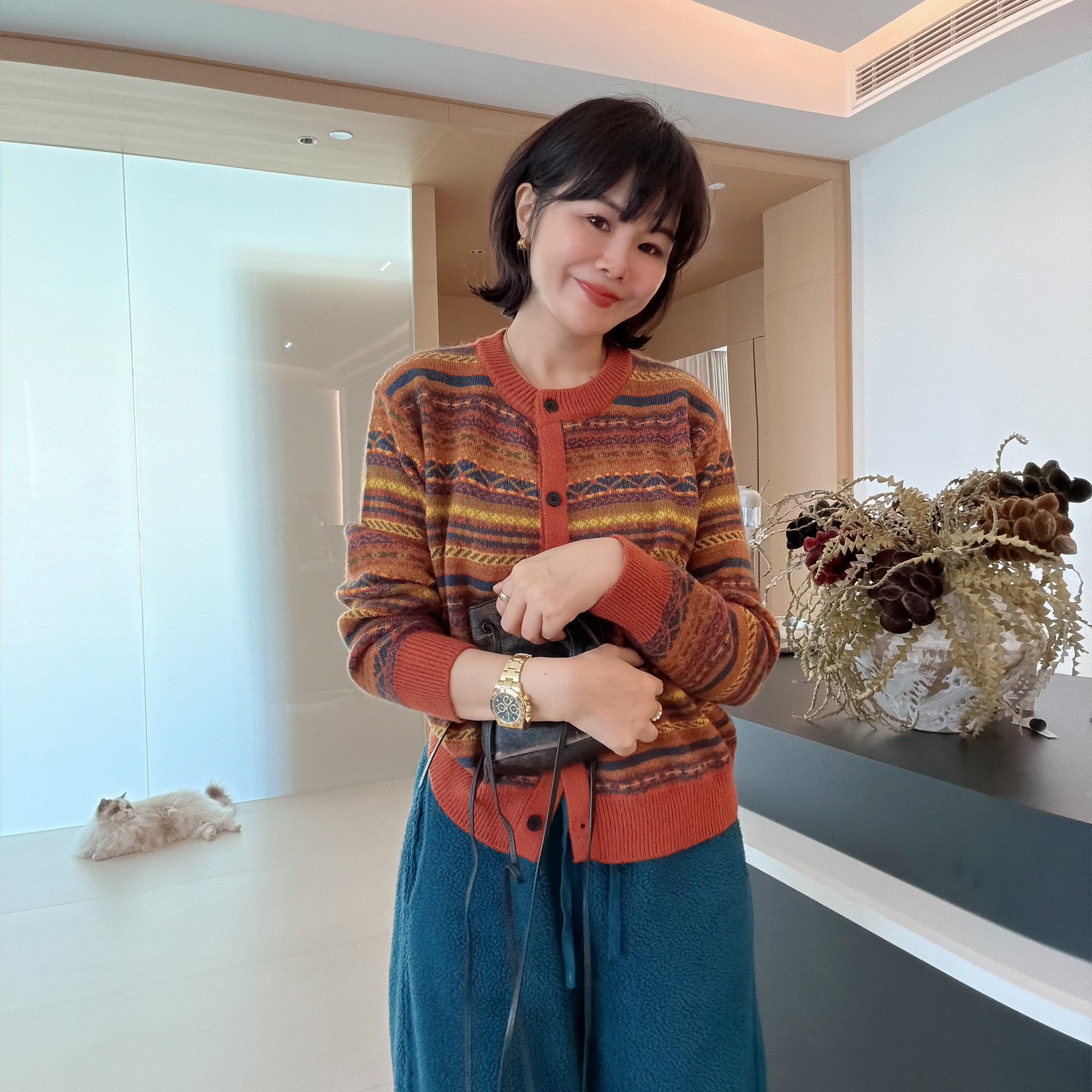 秋冬设计感复古气质条纹宽松舒适洋气毛衣开衫