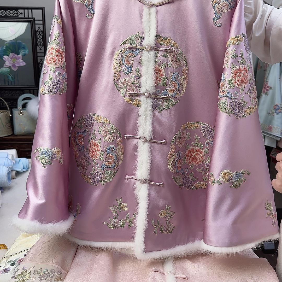 刺绣6号 真丝棉衣 粉紫色