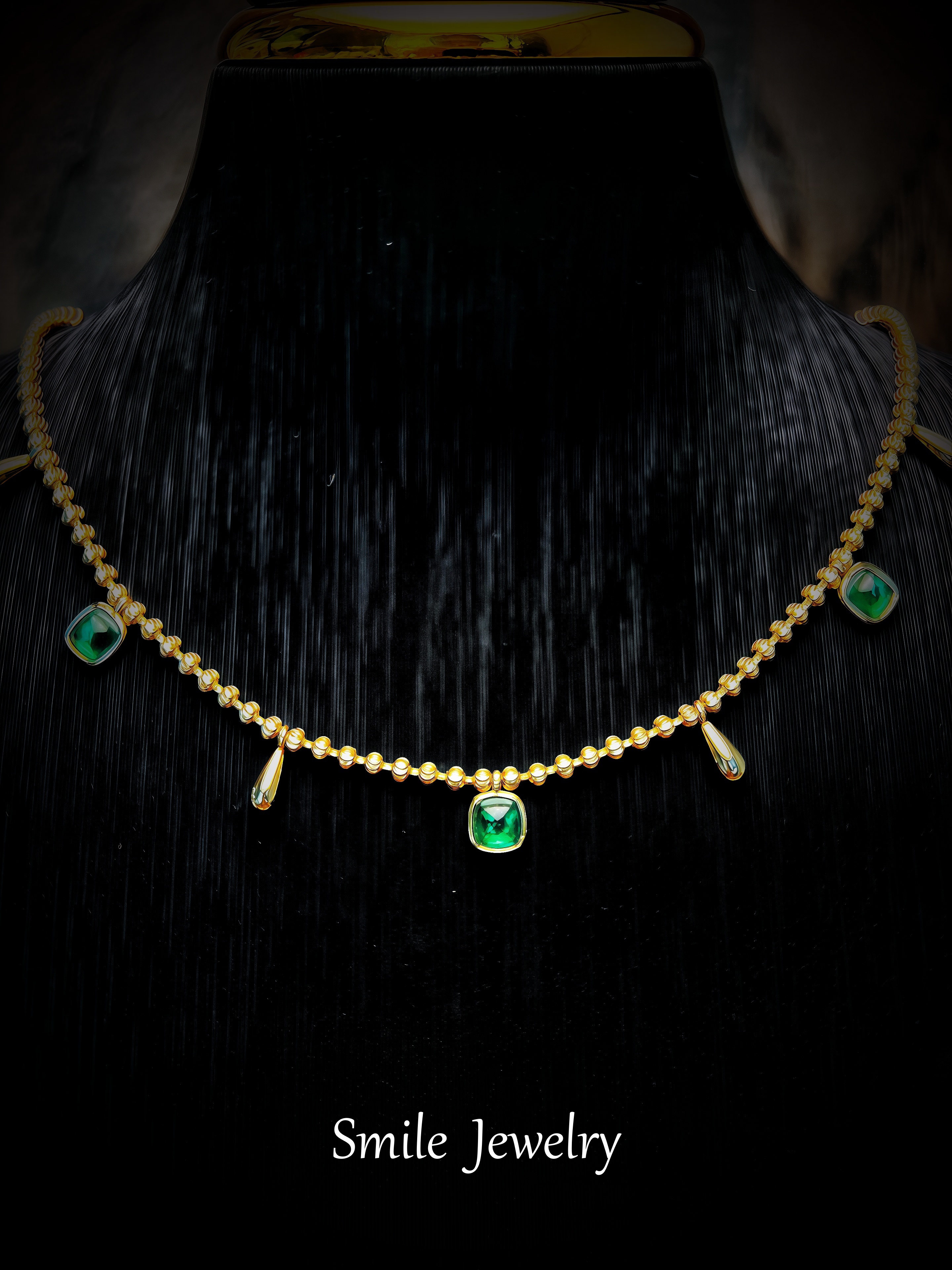 坠链均925银合成锆石 925银镀金翠韵金芒 多坠绿宝轻奢项链