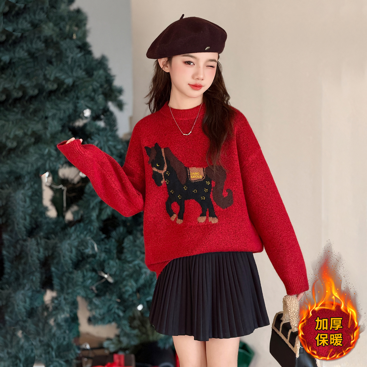 拜年服女童红色毛衣冬新年儿童针织衫过年2026马年本命年衣服12岁