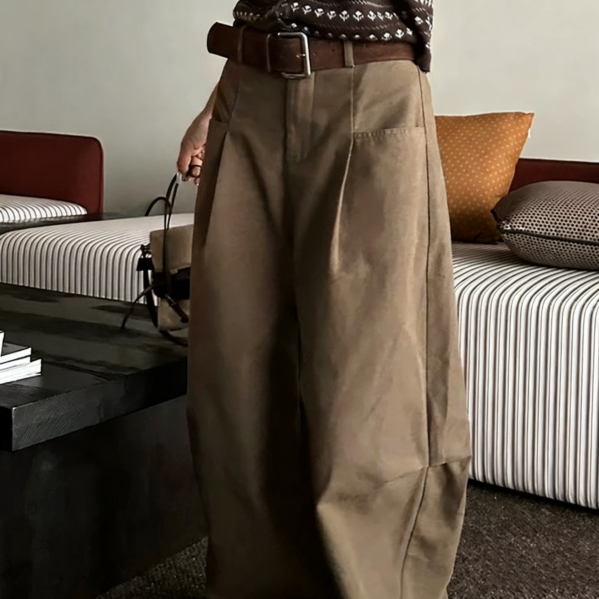 26098-3时尚百搭无弹力休闲阔腿裤宽松气质附腰带秋冬适用