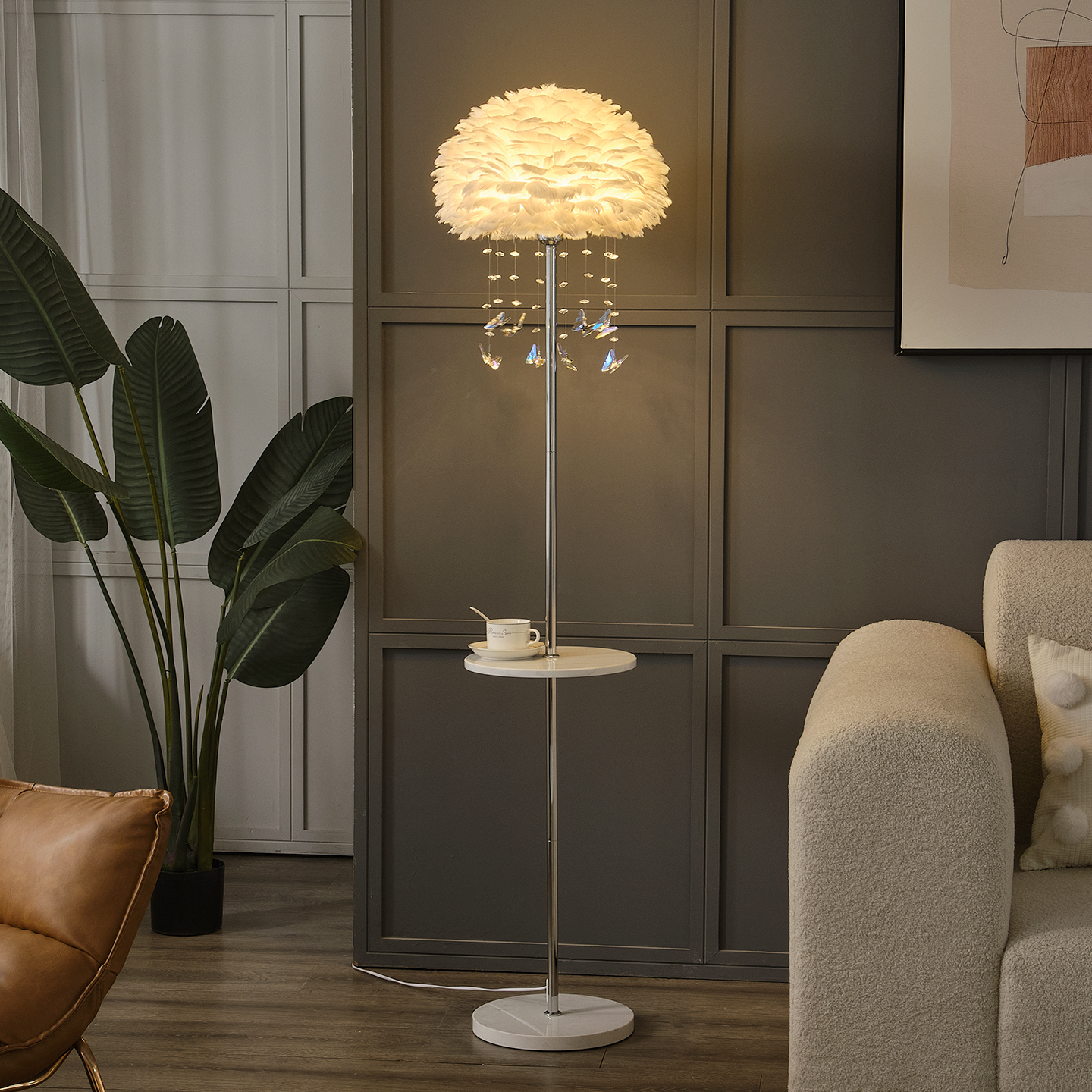 蝴蝶落地灯羽毛茶几客厅沙发边轻奢奶油风卧室床头氛围感立式台灯