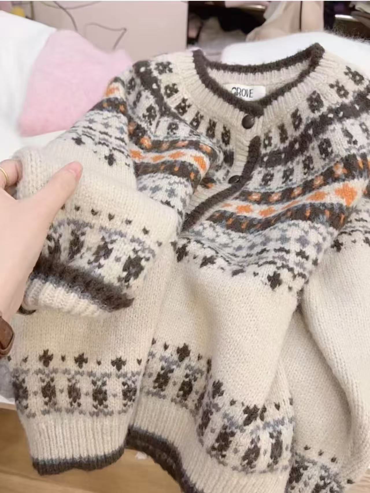 七言家巨好看！#氛围感米咖费尔岛提花加厚毛衣开衫