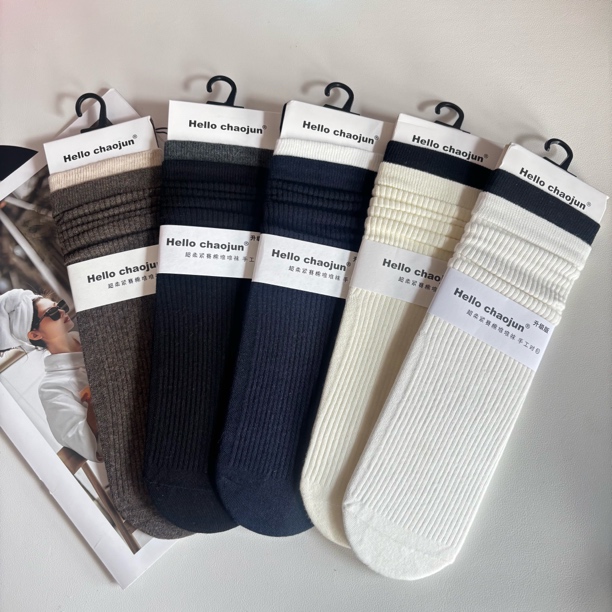 超骏6615韩系简约风时尚百搭款双拼色细条纹微压中筒袜棉袜