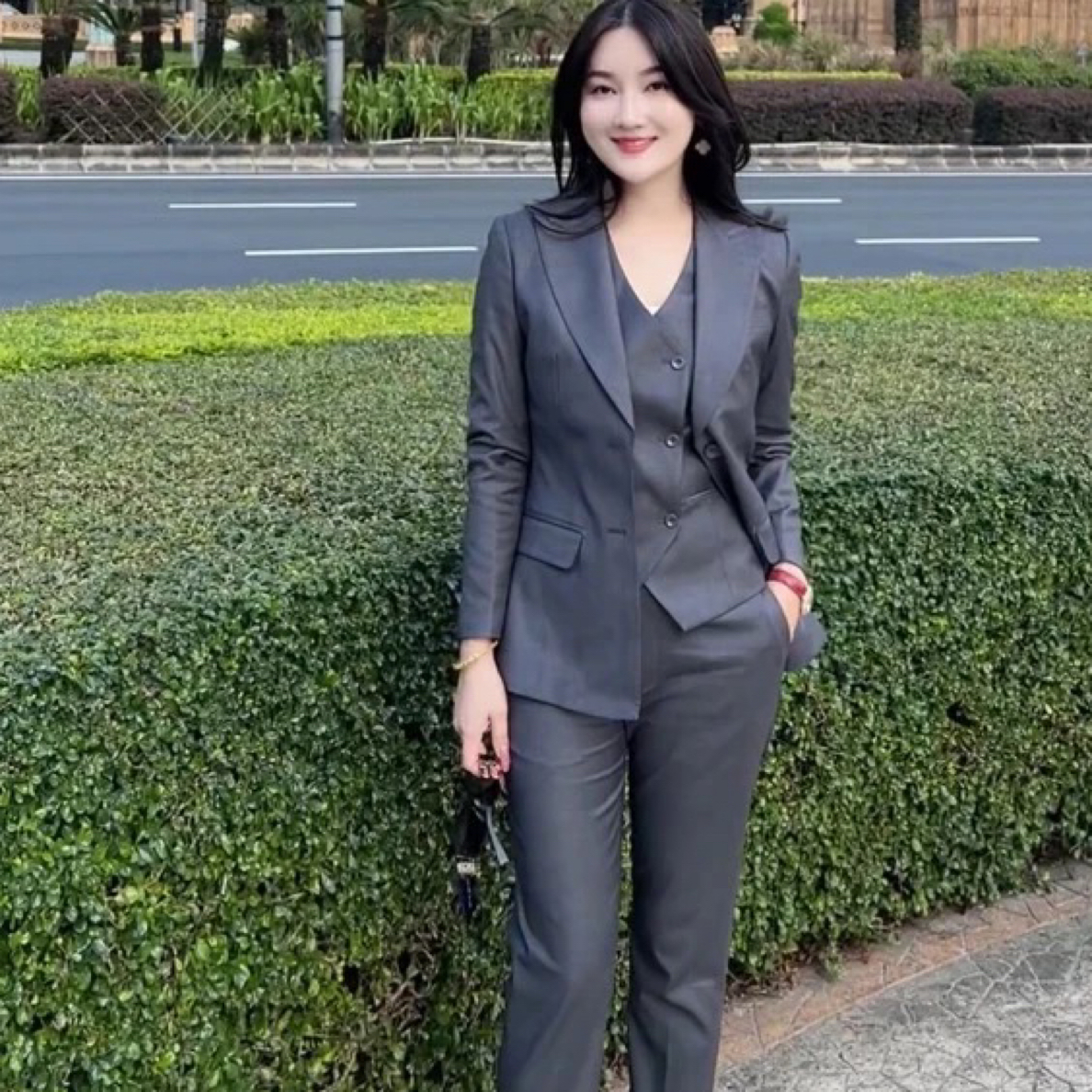 臻韩美2025气质高定灰三件套修身显瘦九分裤套装