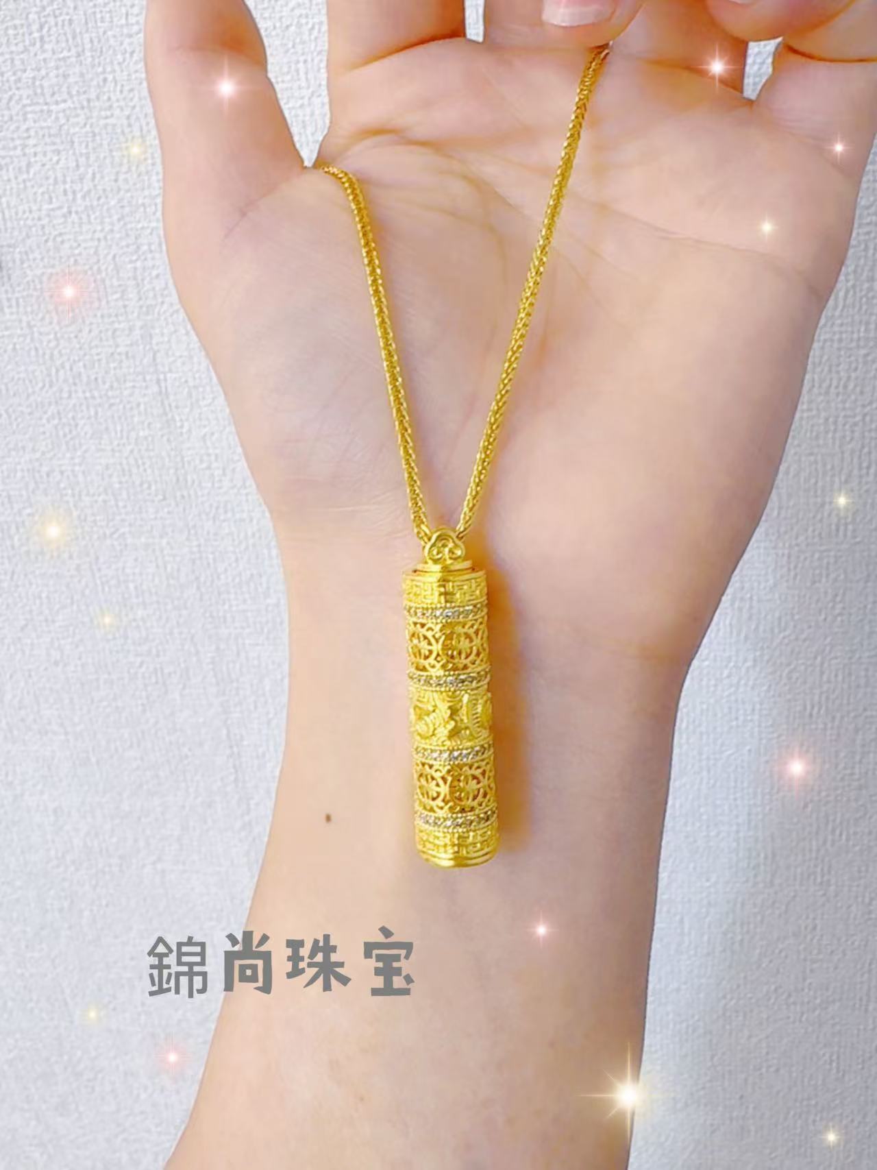 吊坠足银 新款花丝工艺随身虚空藏菩萨吊坠六字箴言金色柱形吊坠