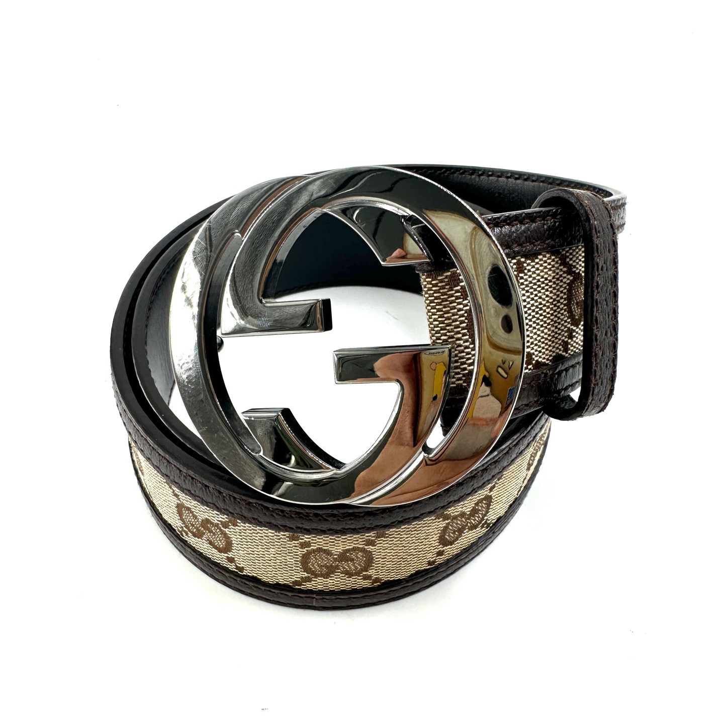 95新 GUCCI/古驰 97新/银扣老花帆布拼皮腰带/85cm✖️4/如图/07857