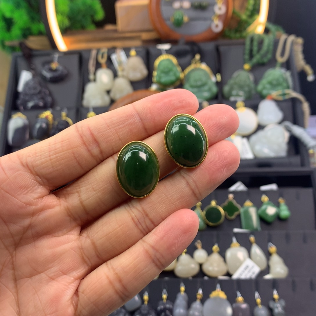 和田玉碧玉大蛋面耳钉银S925镀金镶嵌