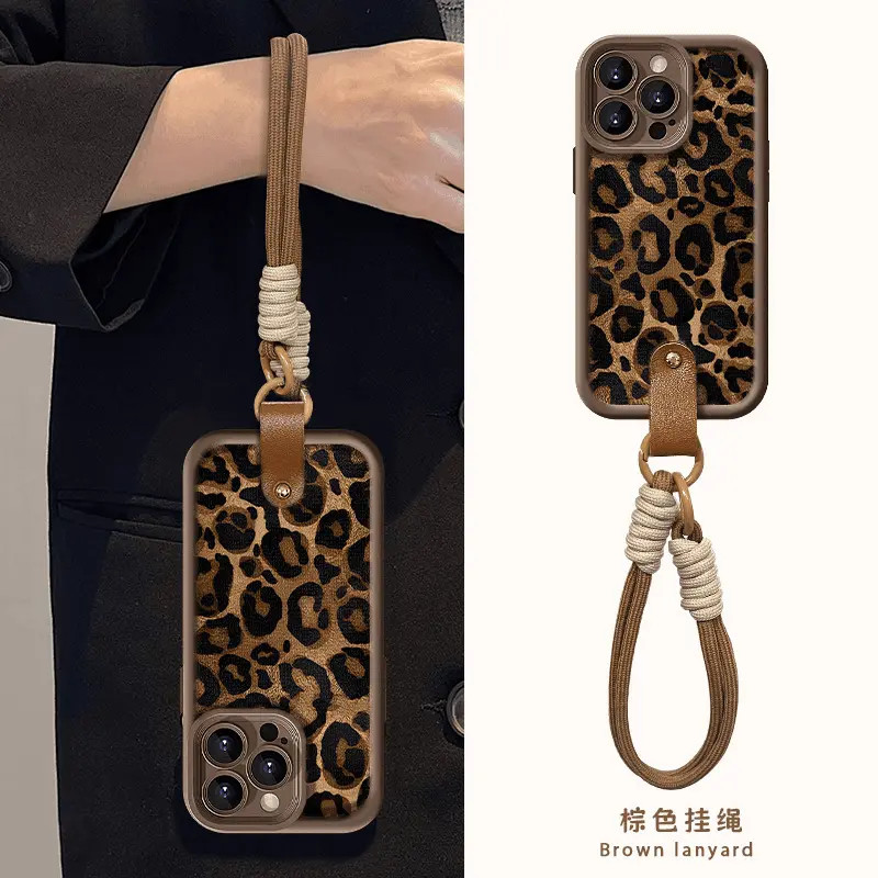 美拉德秋冬豹纹高级带挂绳适用苹果华为vivo/oppo小米浮雕手机壳