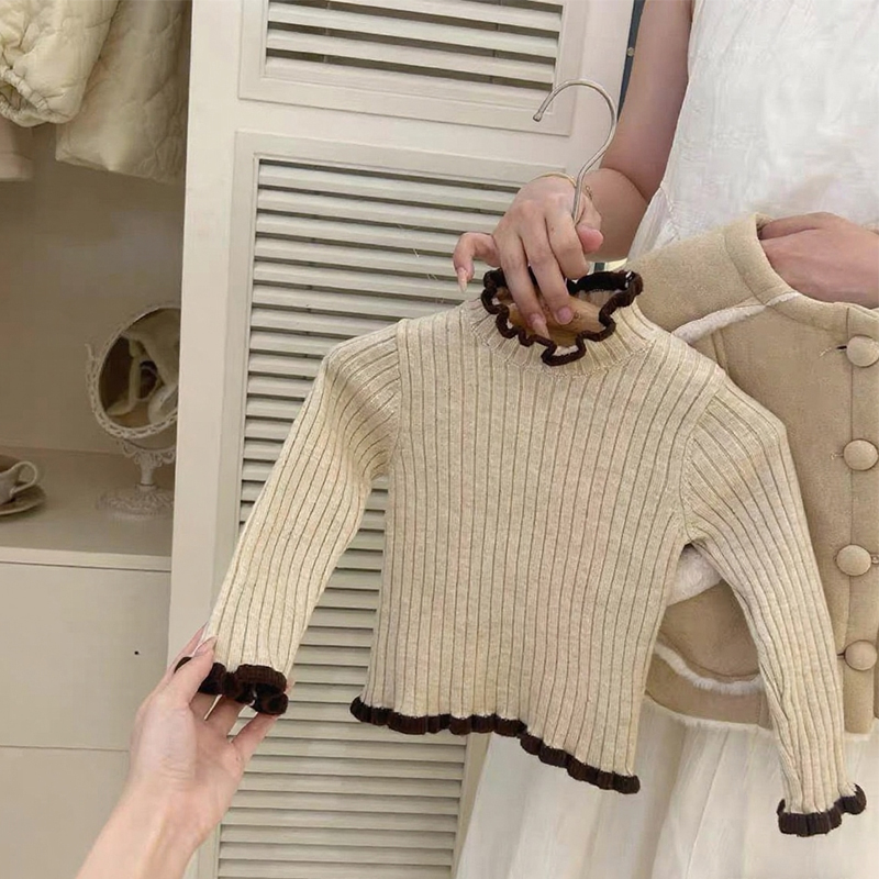 女童针织衫打底衫秋冬2025新款加绒加厚半高领花边宝宝毛衣洋气潮