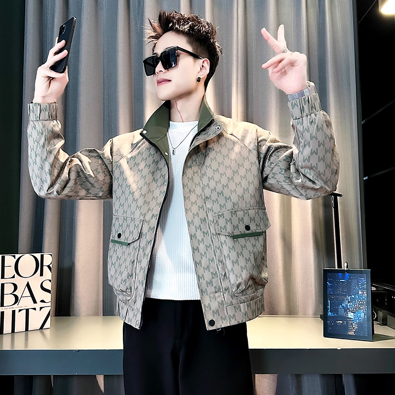 轻奢痞帅男装时尚休闲撞色立领外套男款春秋新款美式潮牌百搭夹克