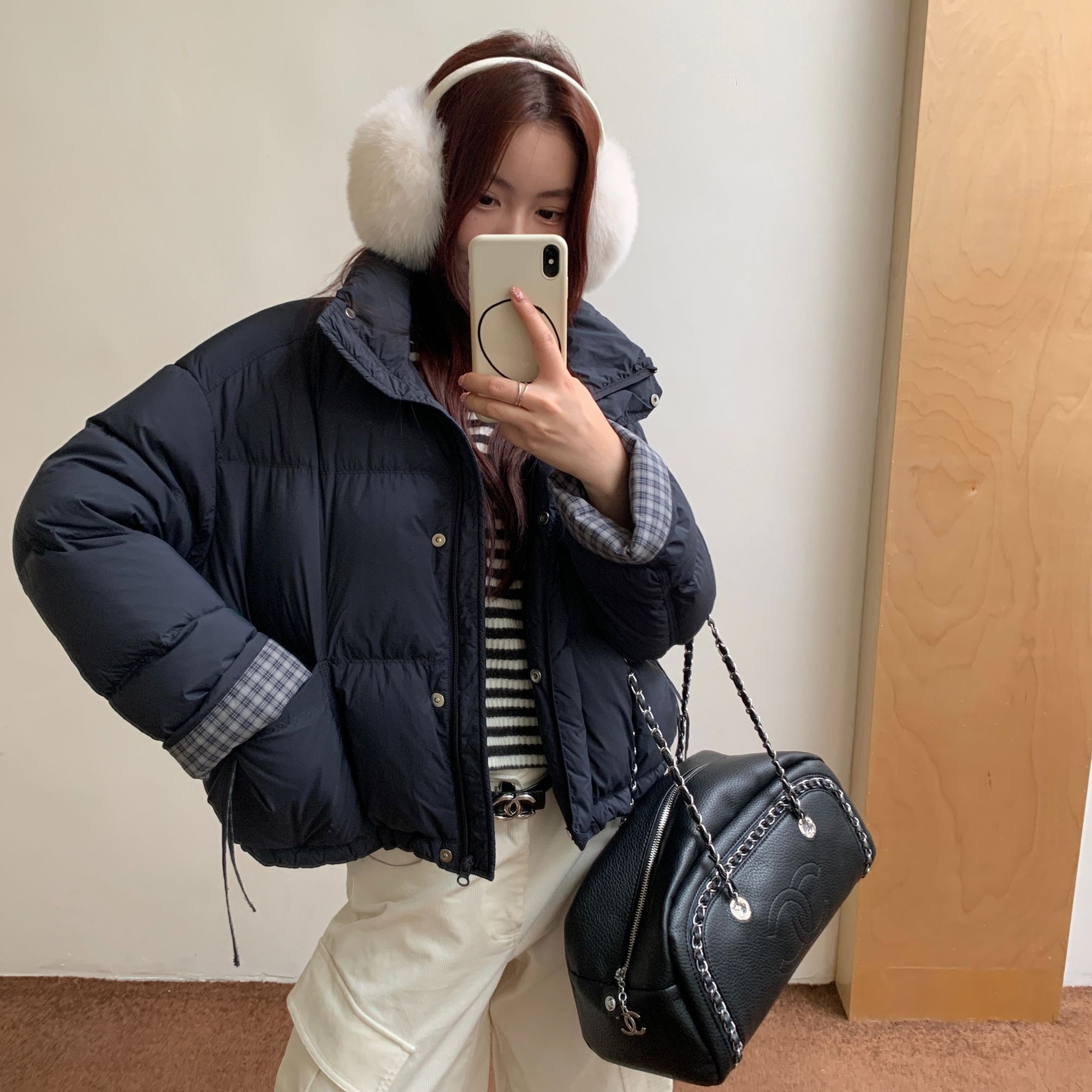 【大美专属】时尚百搭格子撞色款羽绒服拼接宽松立领设计-85617