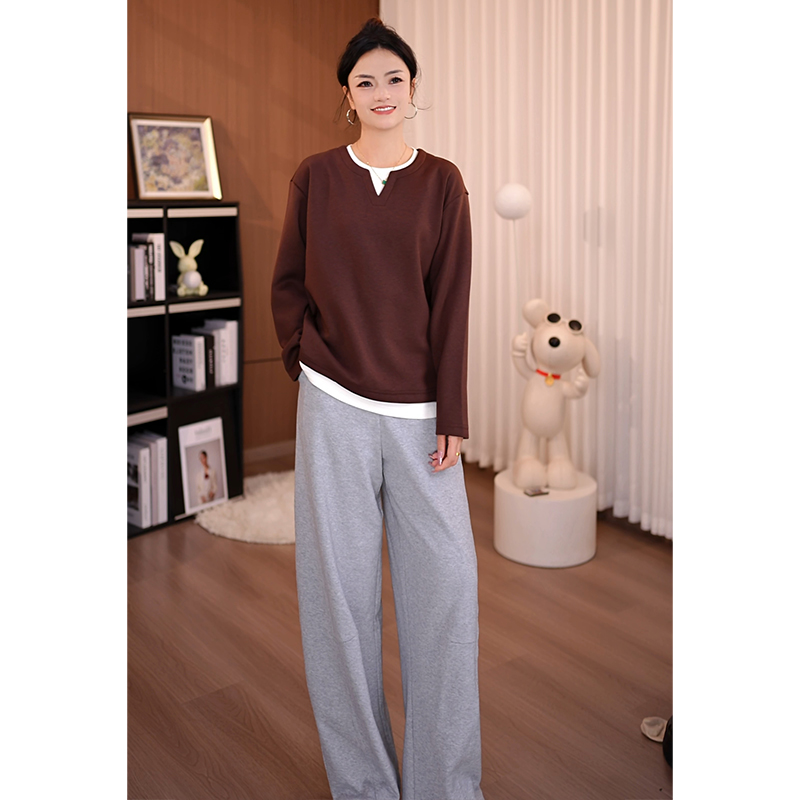 【高品质】【加厚】假两件V领长袖卫衣女秋冬新复古百搭显瘦气质上衣