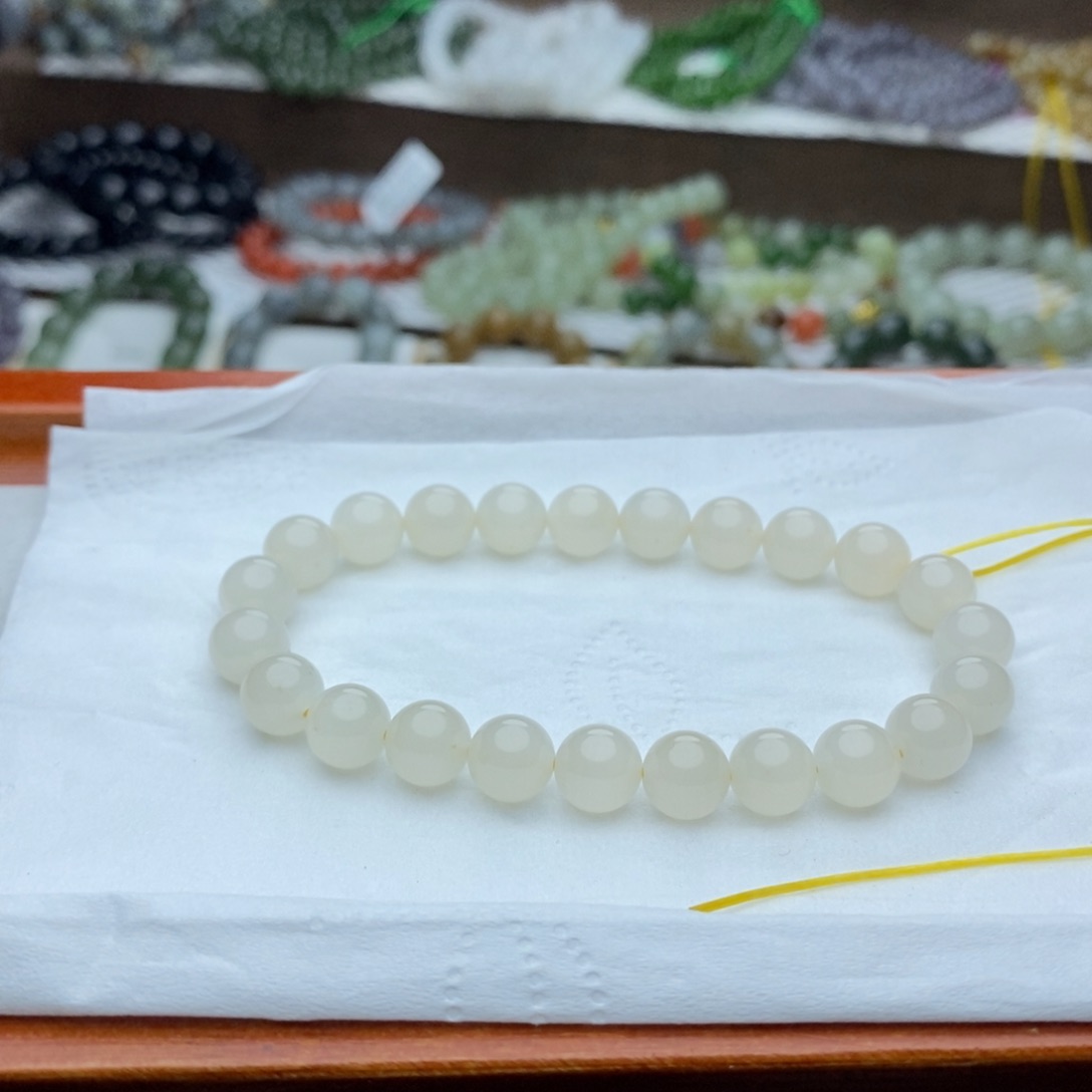 和田玉手链未镶嵌8mm高冰蜂蜜水圆珠