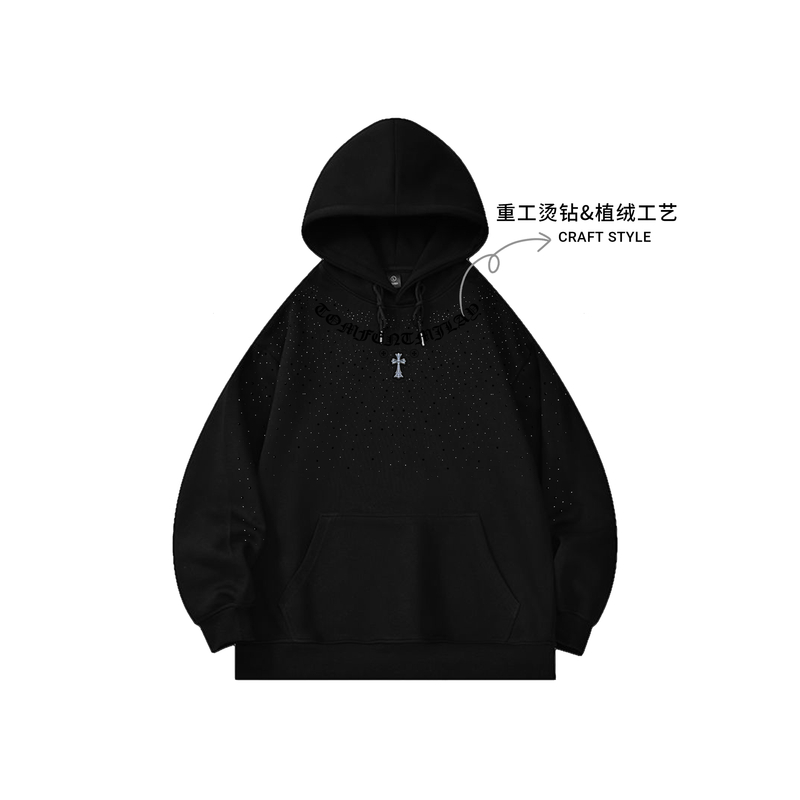 【现货-重工】潮牌烫钻华棉400克连帽卫衣男女款秋冬卫衣-Q208