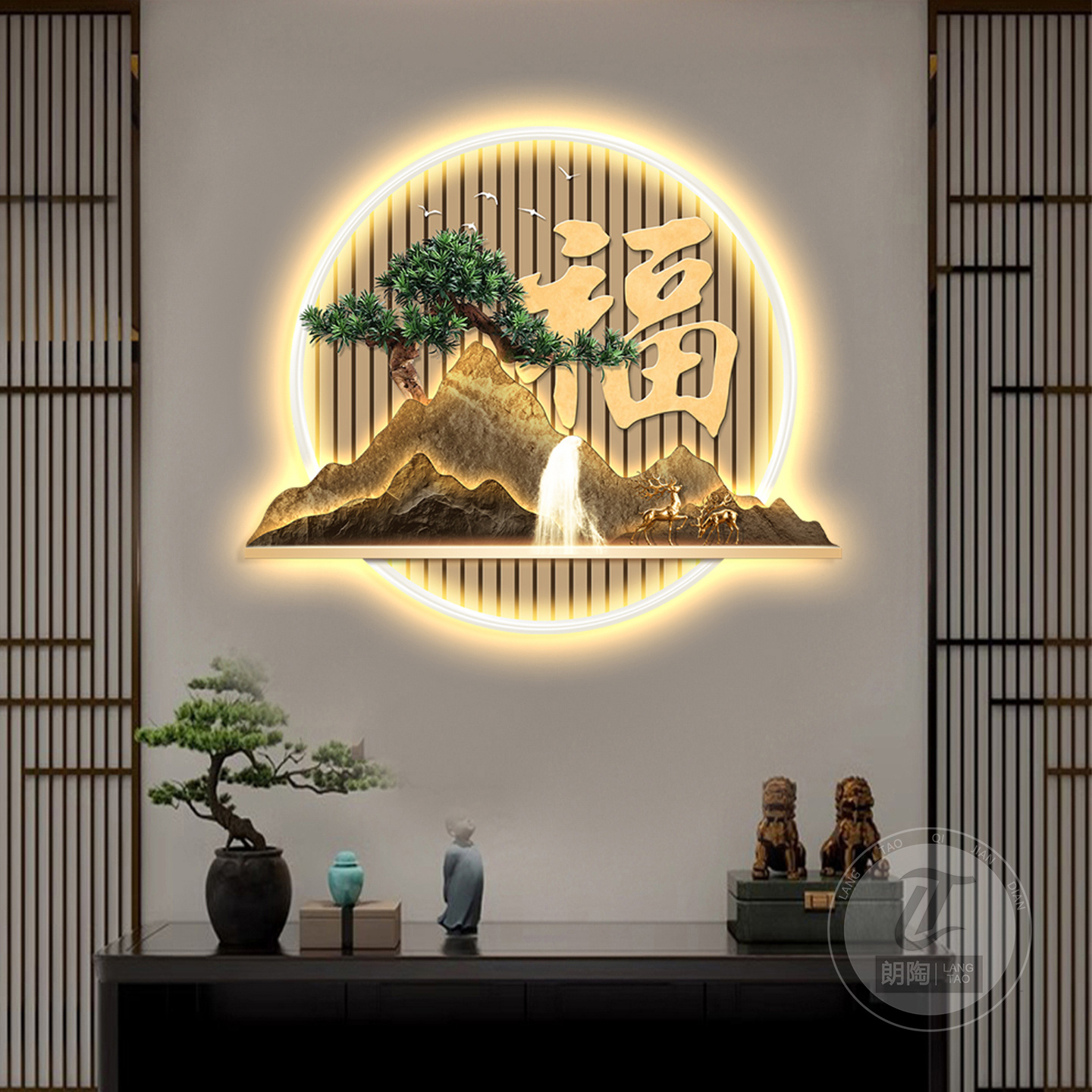 新中式玄关装饰画入户正对门山水画带灯走廊过道挂画迎客松