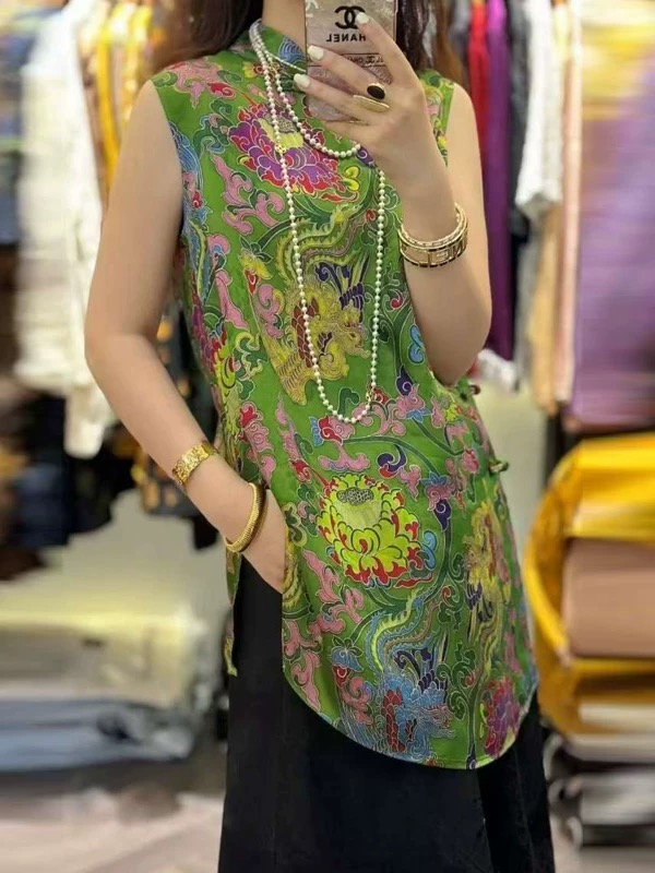 【钰姐精选】乔西2950-夏季立领中款提花斜襟亮丝复古国风马甲上衣