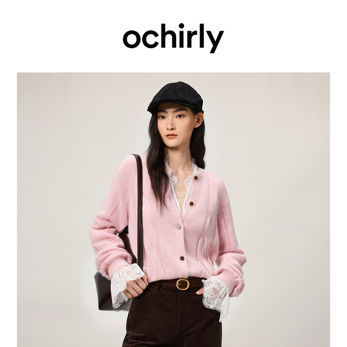 OCHIRLY欧时力 绞花毛衣外套女圆领开衫上衣慵懒2025秋季新品