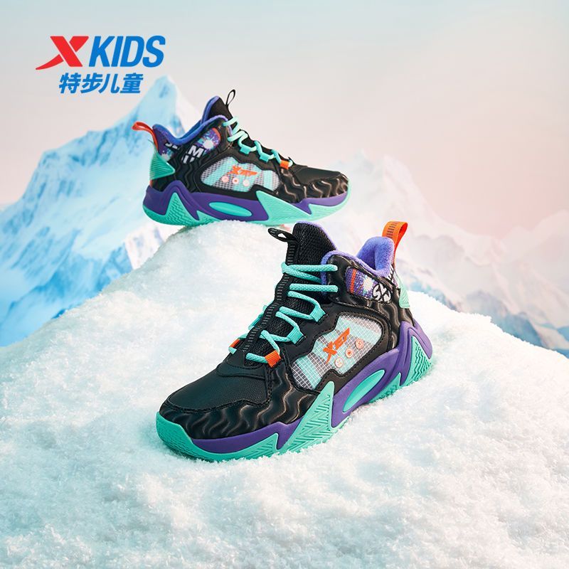 特步童鞋2025冬季儿童革面篮球鞋加绒二棉高帮保暖系带男童运动鞋