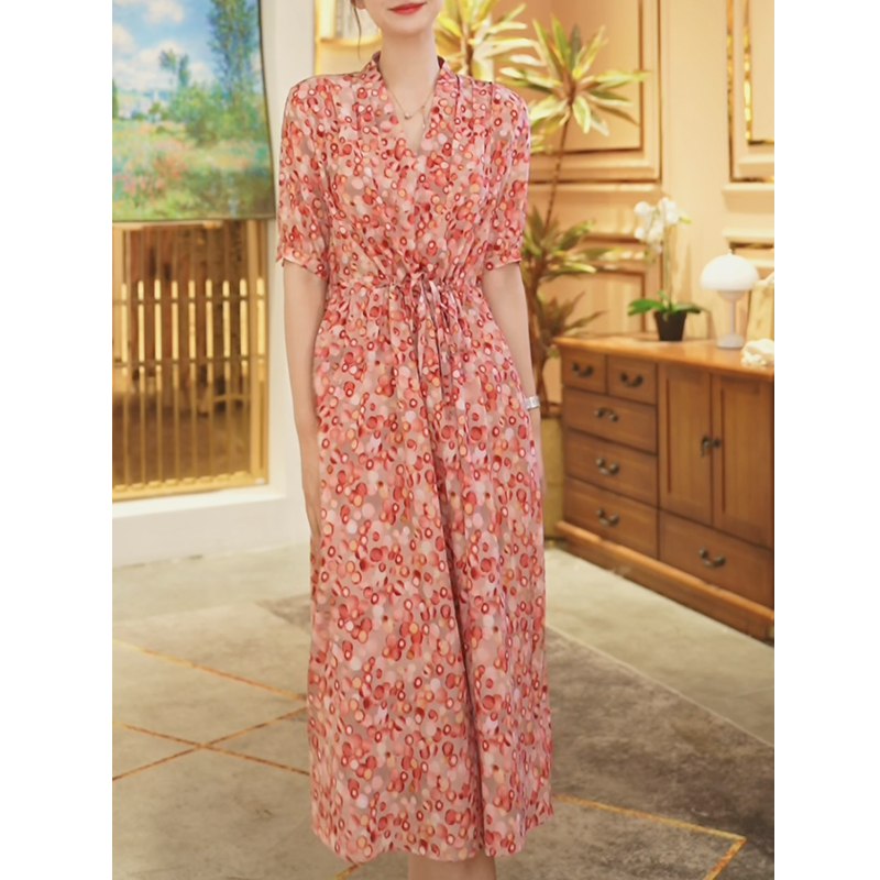 【堇兰桑蚕丝】春夏气质真丝裙印花收腰桑蚕丝连衣裙女YYQ22-996