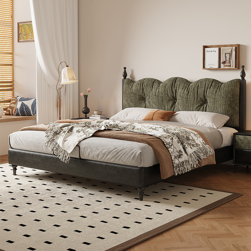 实木床法式中古真皮床卧室黑胡桃木软靠床家用1米8双人床