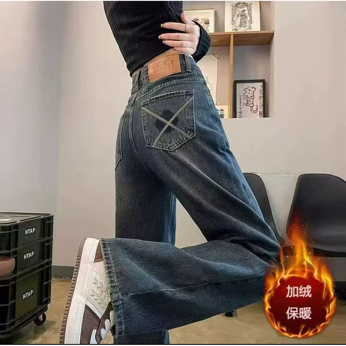 Z加绒水泥灰新款潮流牛仔裤女秋冬宽松显高显瘦百搭