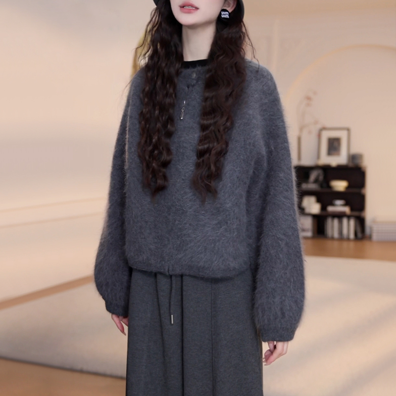韩版气质慵懒风毛针织衫女2025冬季新款保暖外套拉链开衫灰色毛衣