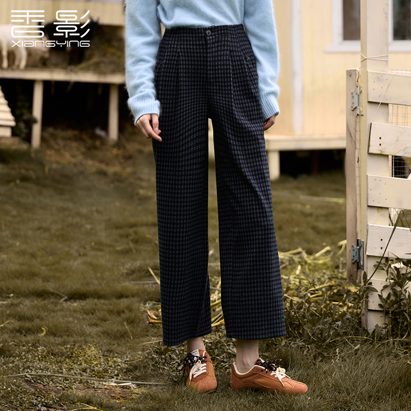 【金拐子专属】K95W635休闲裤香影藏青色格子休闲裤女秋冬新款直