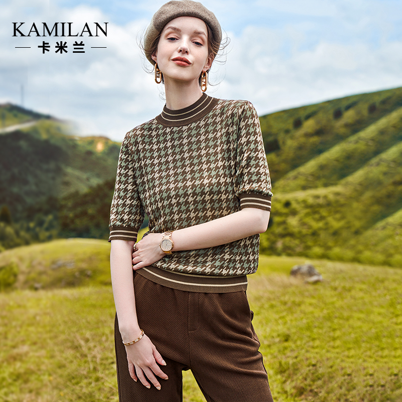 卡米兰短袖针织上衣女2024年秋新款毛衣短款时尚百搭针织衫套头