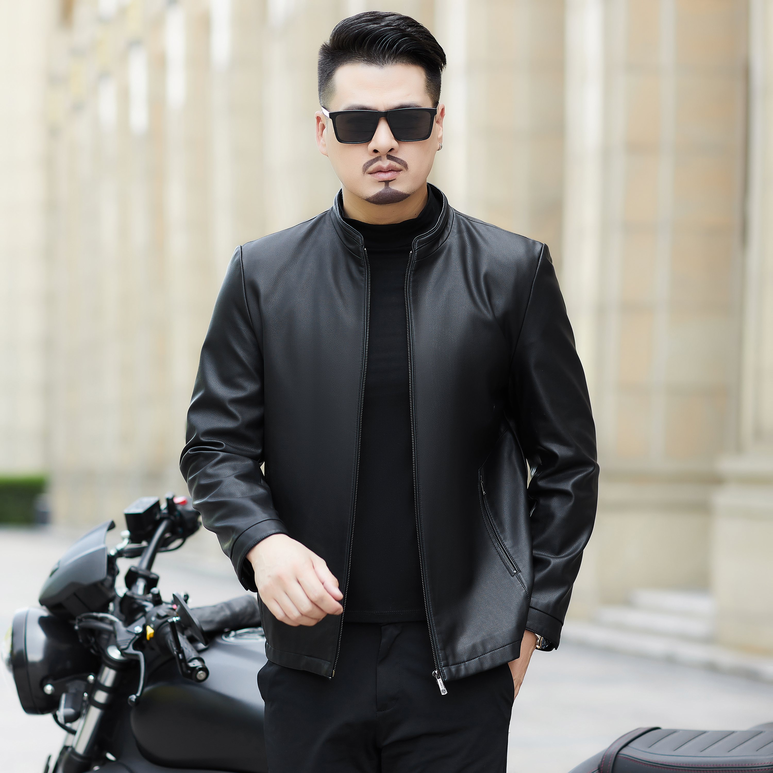 2288#男士直下摆立领纯色标准秋季免烫皮衣短款大码欧美风