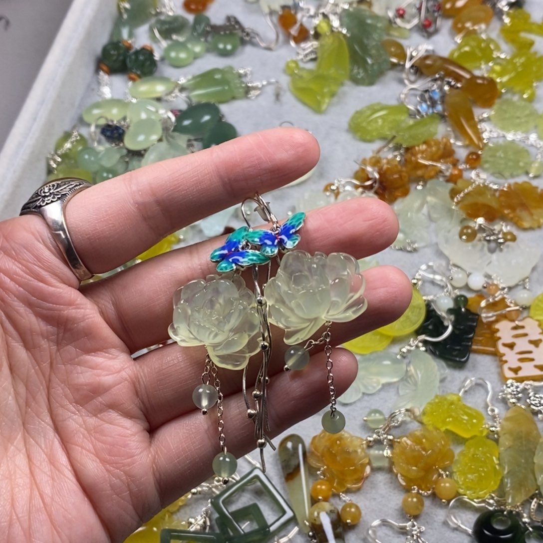 蛇纹石玉银S925镶嵌挂件耳饰