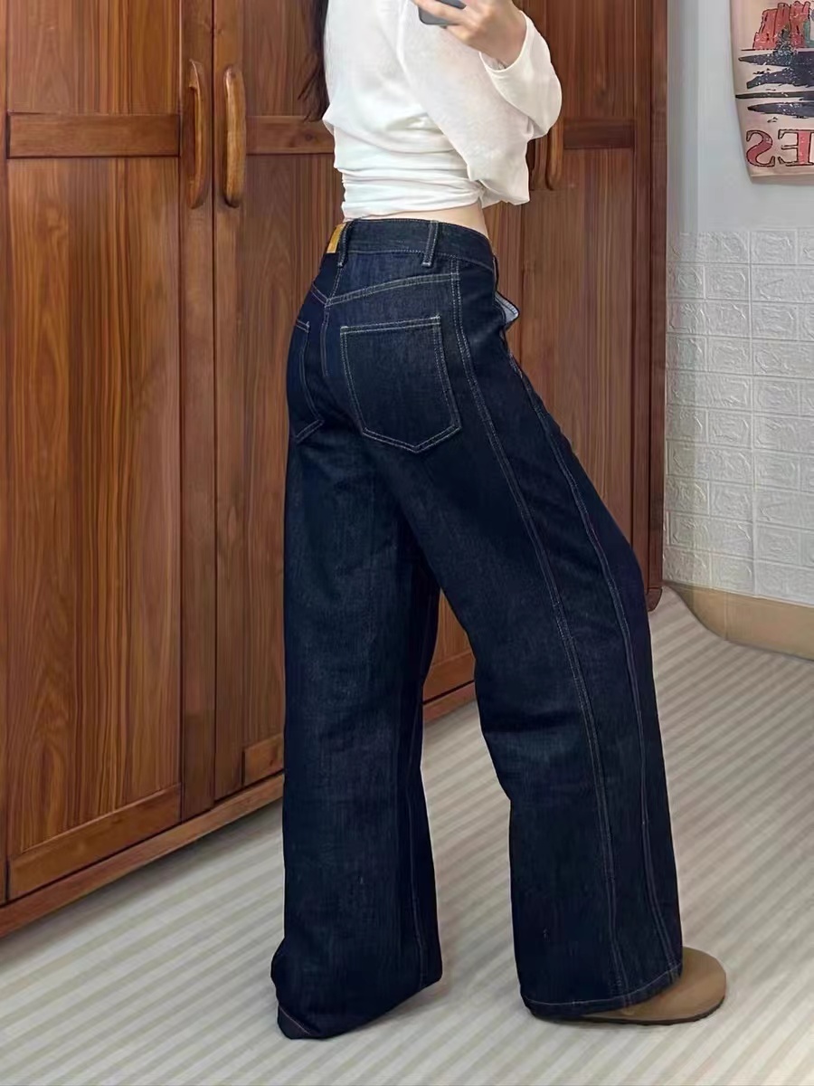 秋冬2025深蓝色直筒牛仔裤女高腰宽松梨形身材阔腿裤