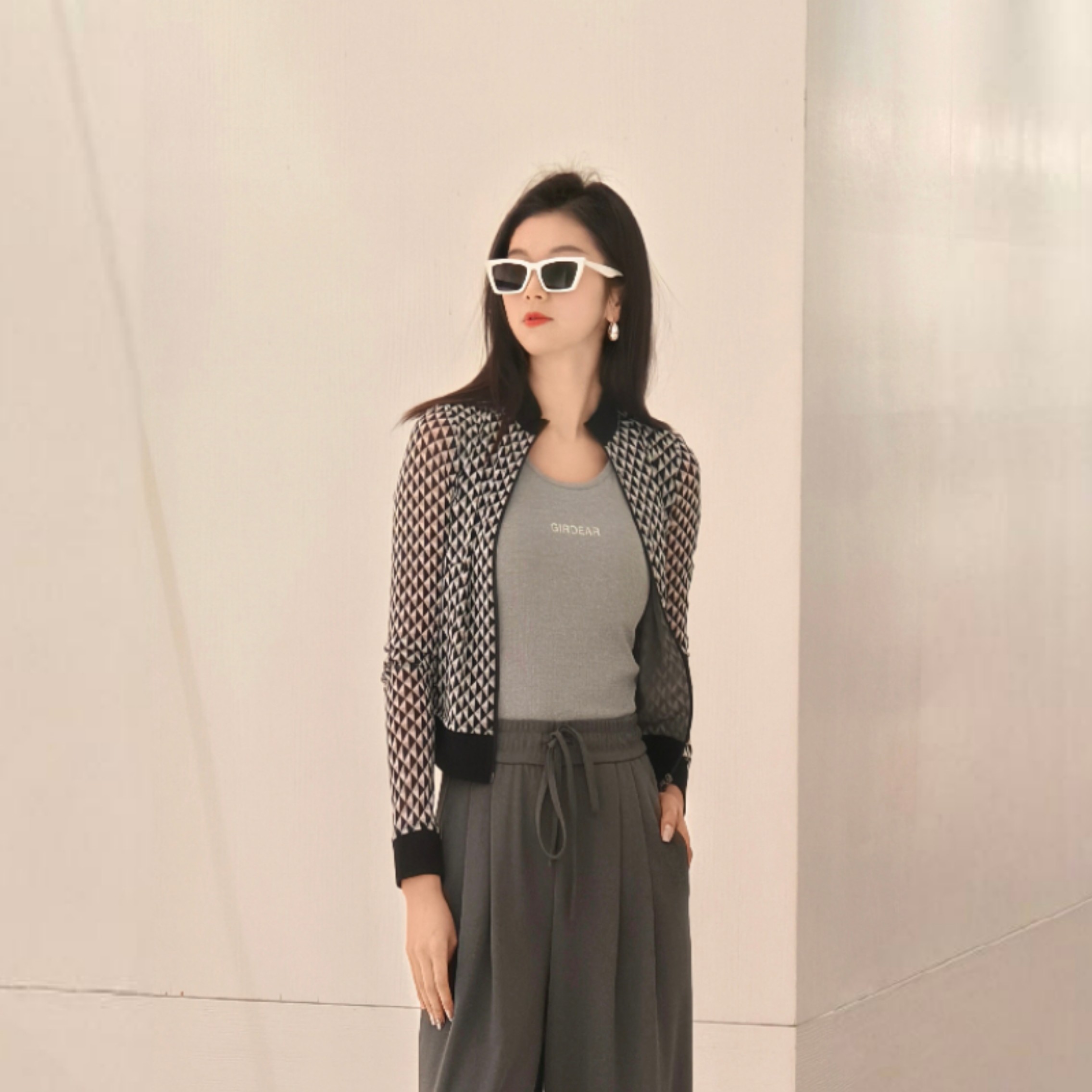 GIRDEAR/哥弟早春新款小众设计感显瘦防晒印花网纱外套140009