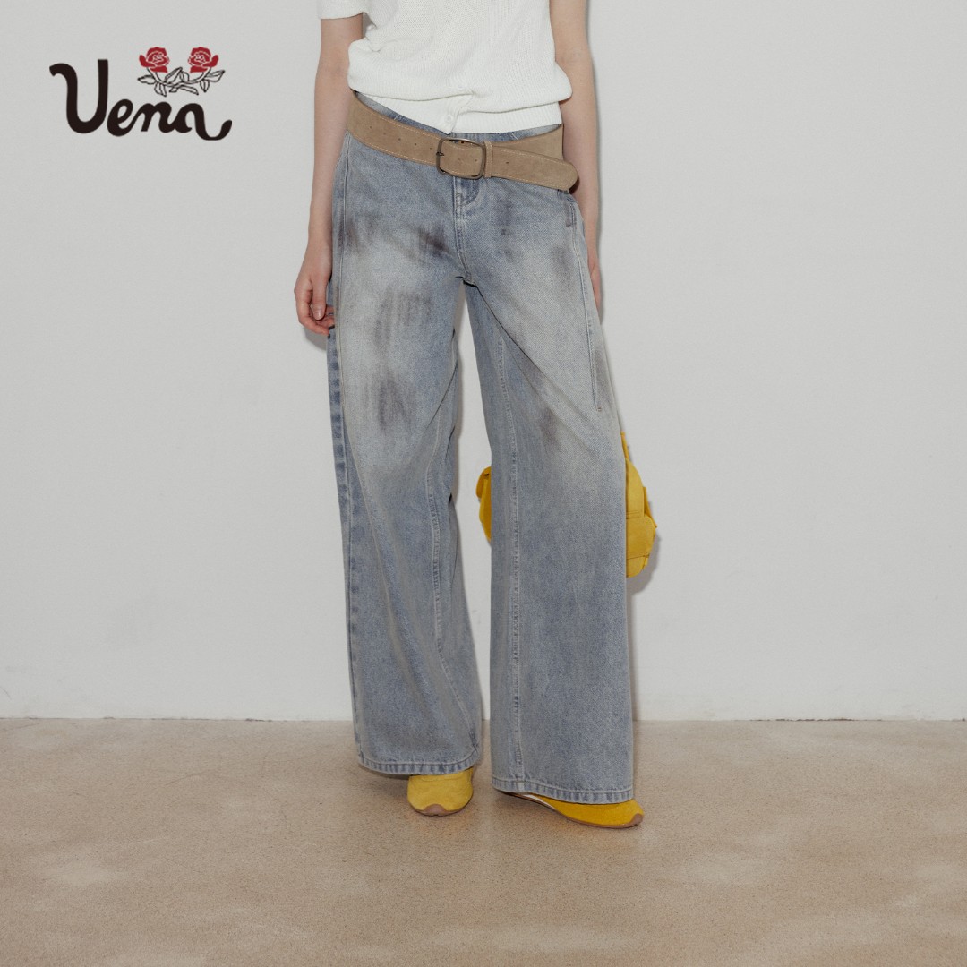 【星星尘埃】Uena美式复古水洗擦色做旧休闲宽松显瘦阔腿牛仔裤女