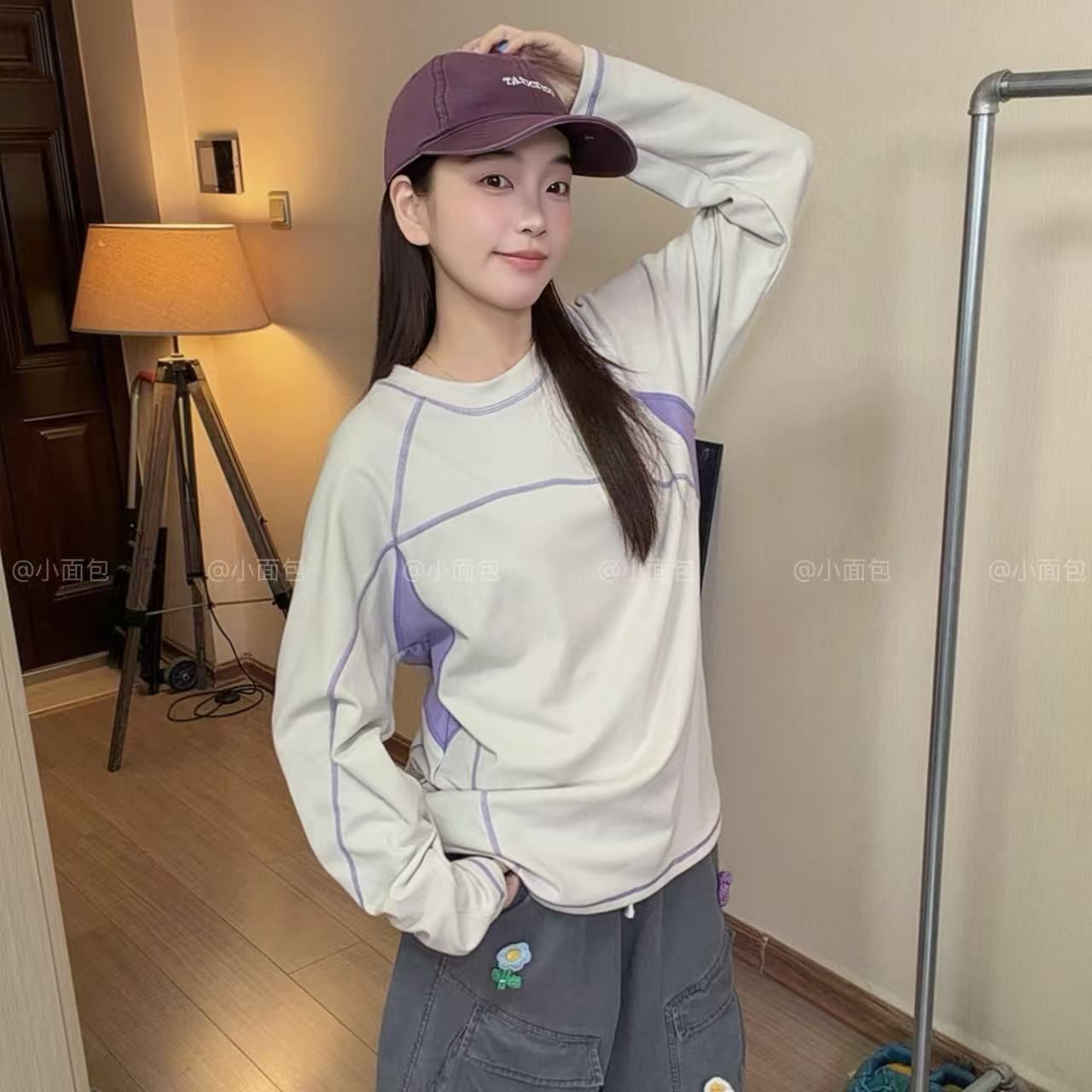 撞色双面绒】秋冬长袖耐磨圆领拼接T恤上衣透气宽松户外运动打底衫