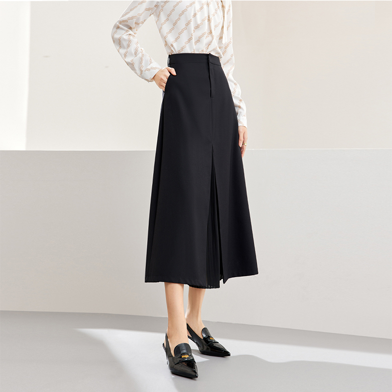 简约佰搭设计感开叉拼接压褶工艺瘦梨型身材A字伞裙53038