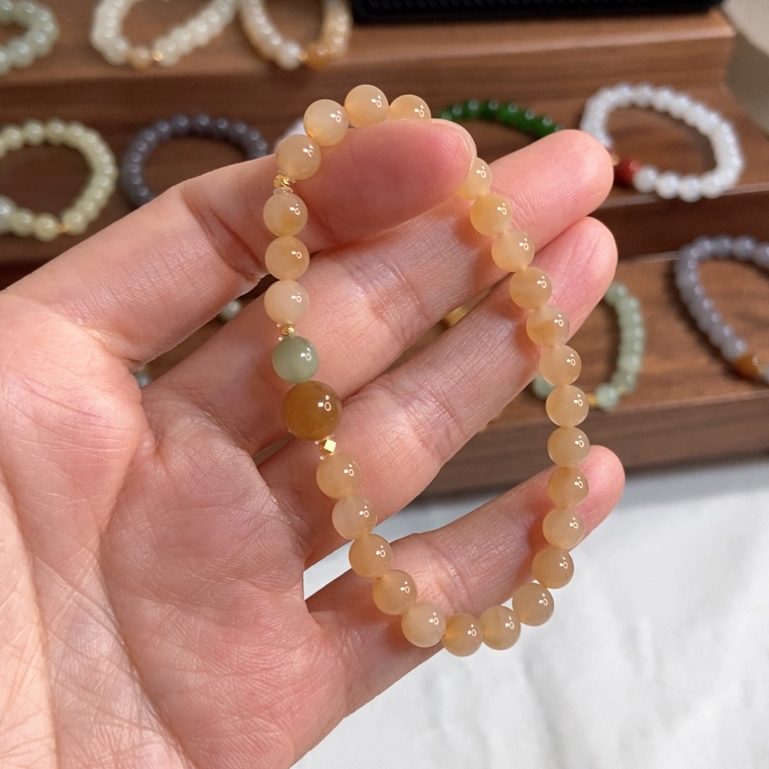 和田玉手链18K金镶嵌6mm糖白小精品