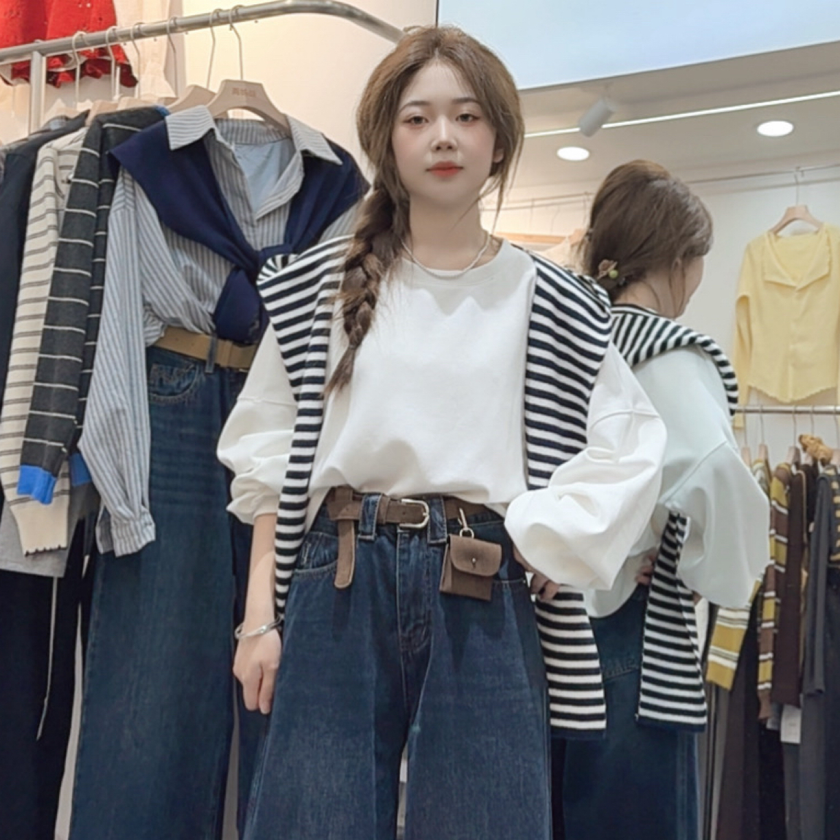 秋季百搭【两姊妹】韩版拼接条纹帽真两件卫衣百搭宽松