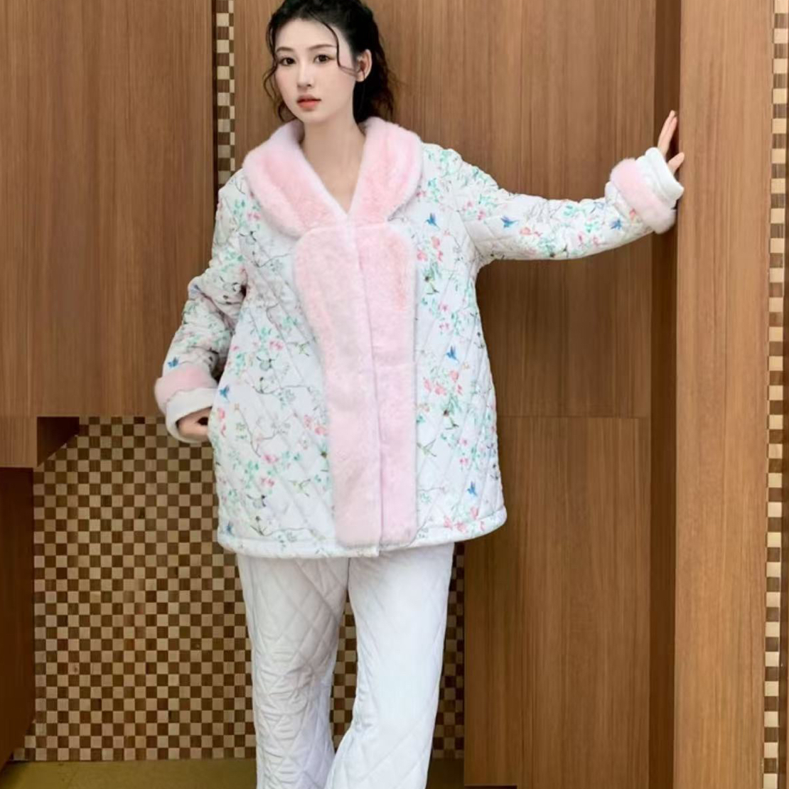 原木花知梦加厚夹棉女士中长款保暖睡袍家居服