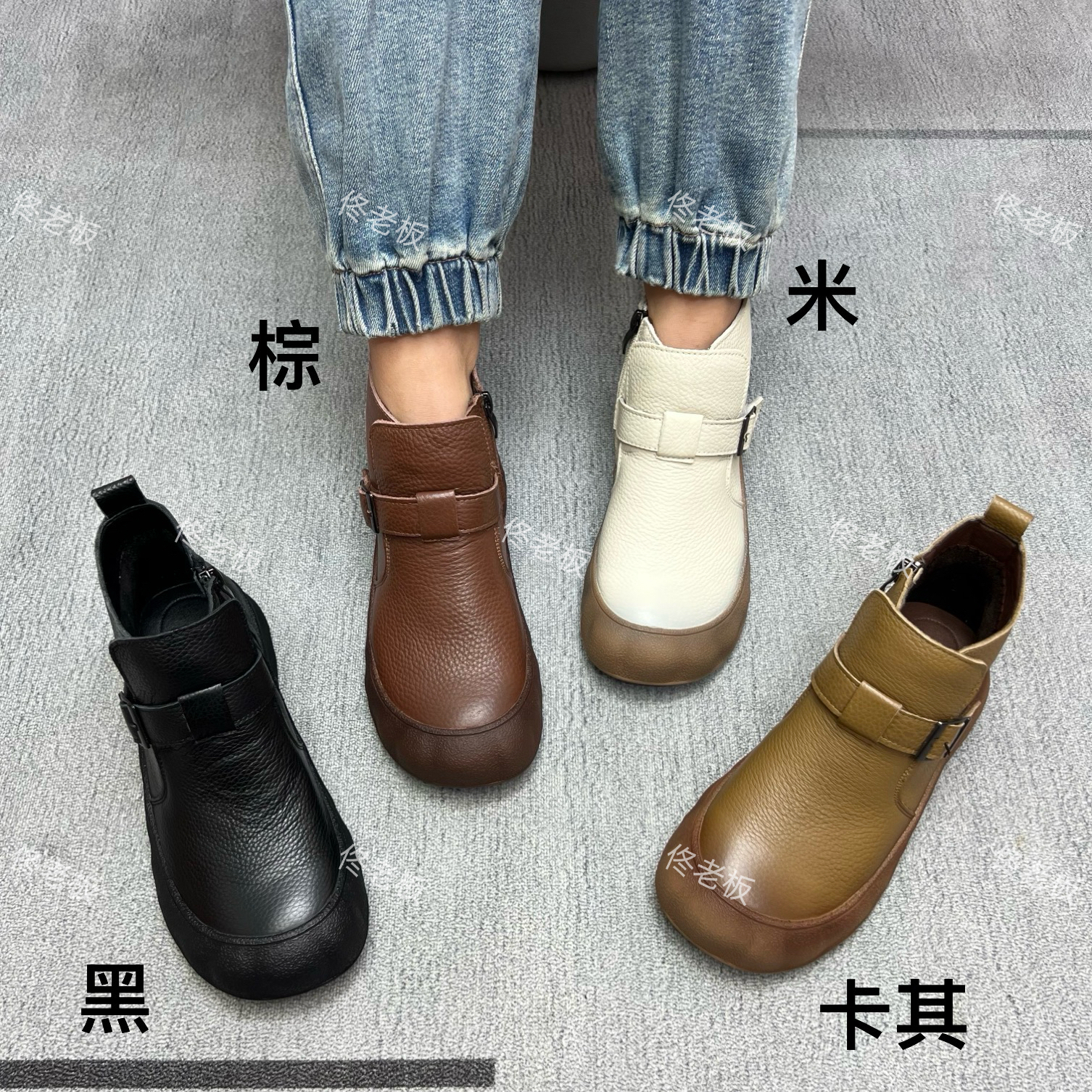8503 纯皮软底皮带扣简约舒适百搭手工复古短靴