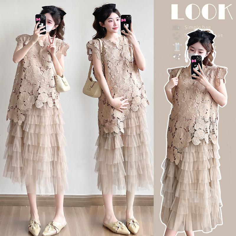 孕妇2025新款时尚蕾丝网纱连衣裙休闲外穿简约遮肚孕妇连衣裙