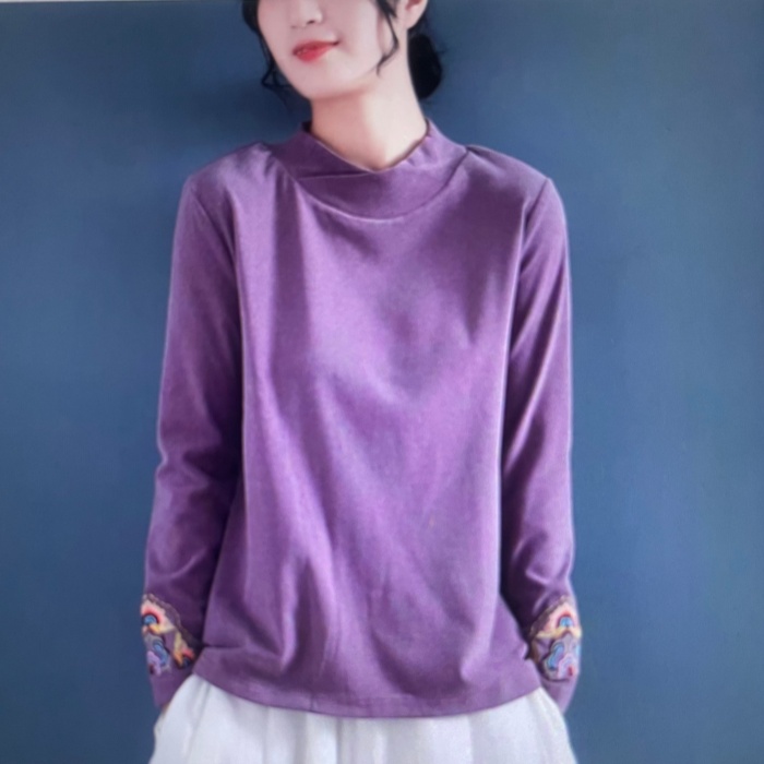 打底衫长袖上衣立领民族风百搭宽松秋冬款绣花内搭