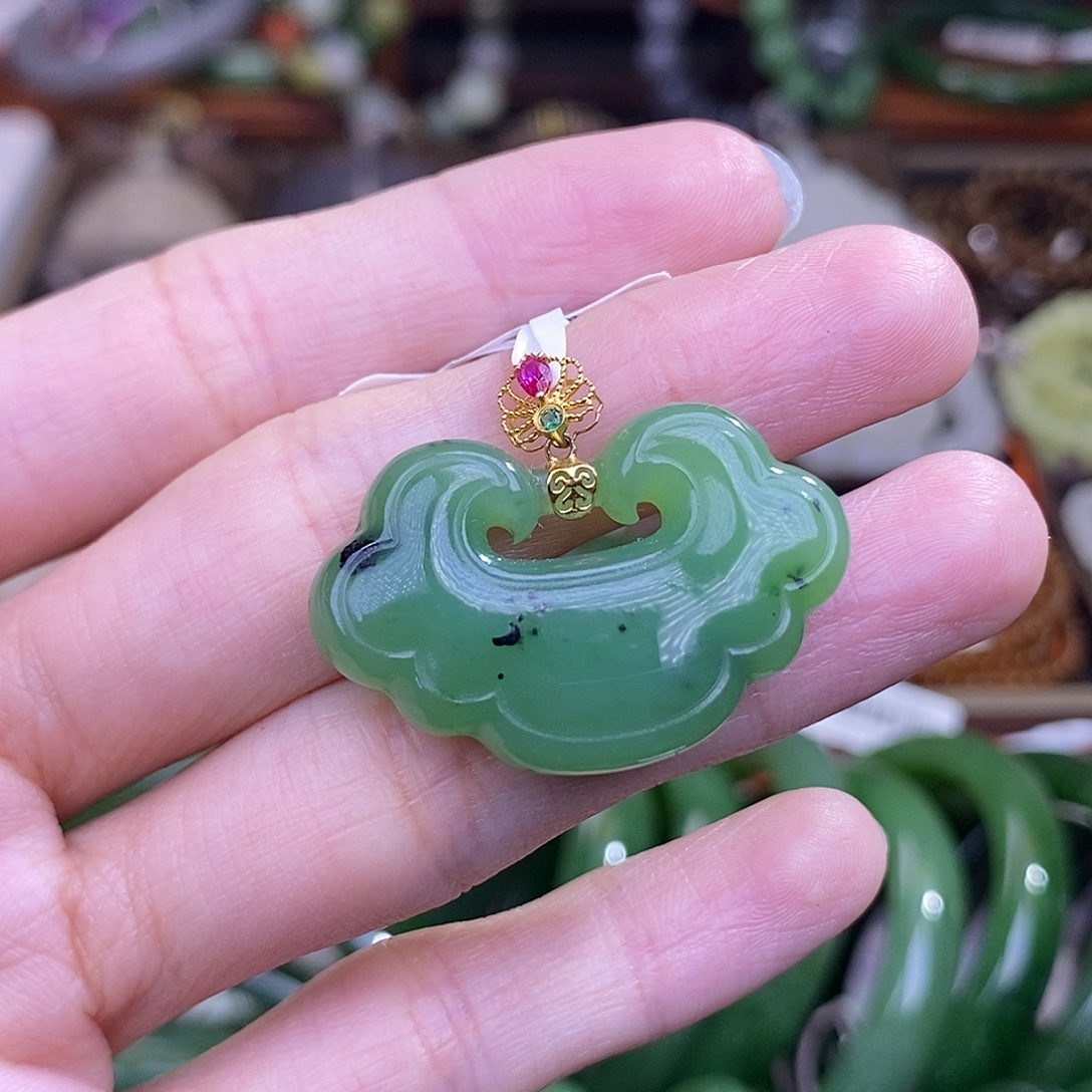 和田玉碧玉乌兰海金镶如意锁吊坠福利未镶嵌