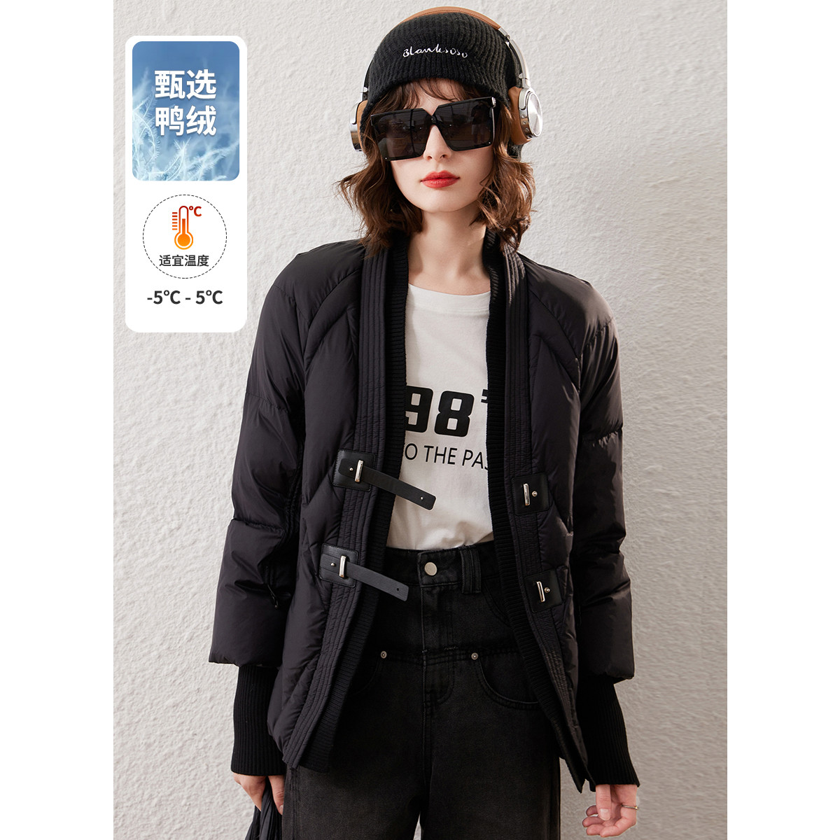 白鹿语冬新款时尚仿皮扣设计加厚别致小V领热力感羽绒服女BX30416