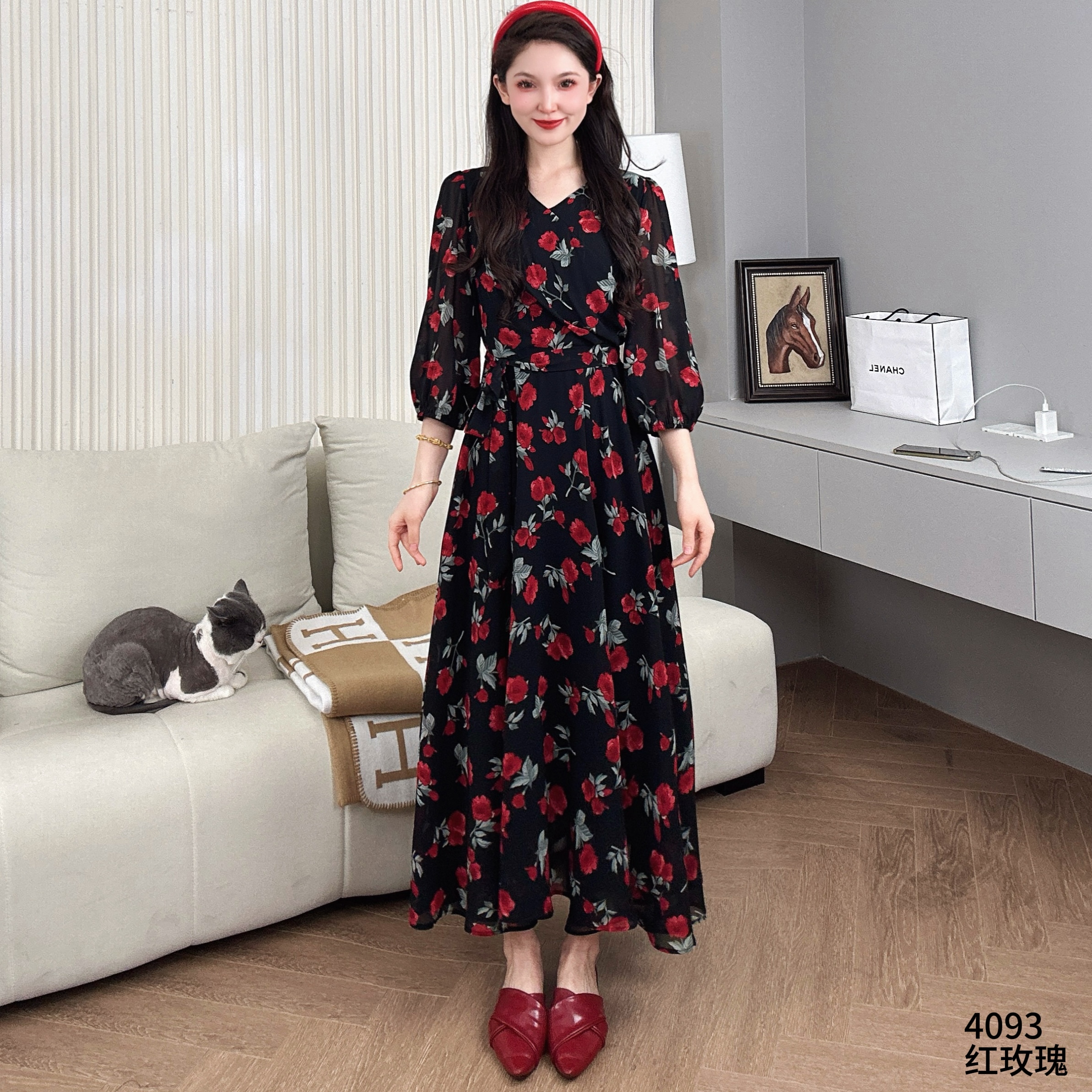 Saeda女装红玫瑰碎花七分袖设计师款连衣裙YF4093