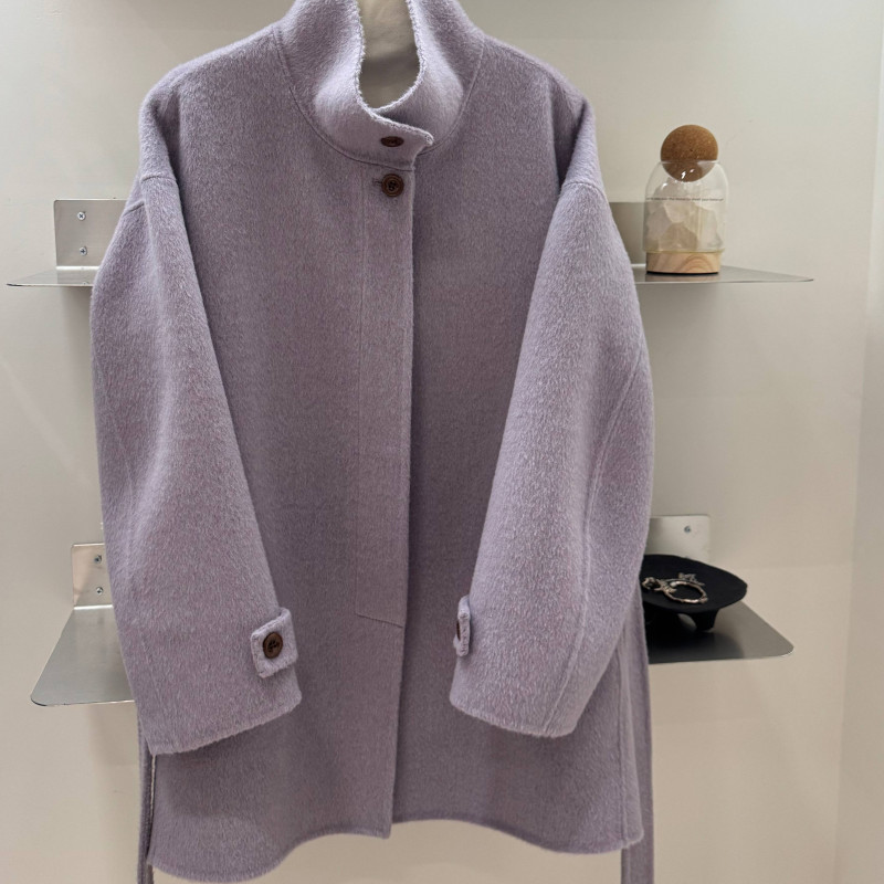 2025秋冬新款韩版一手长系带立领双门襟百搭中长款双面尼羊毛大衣