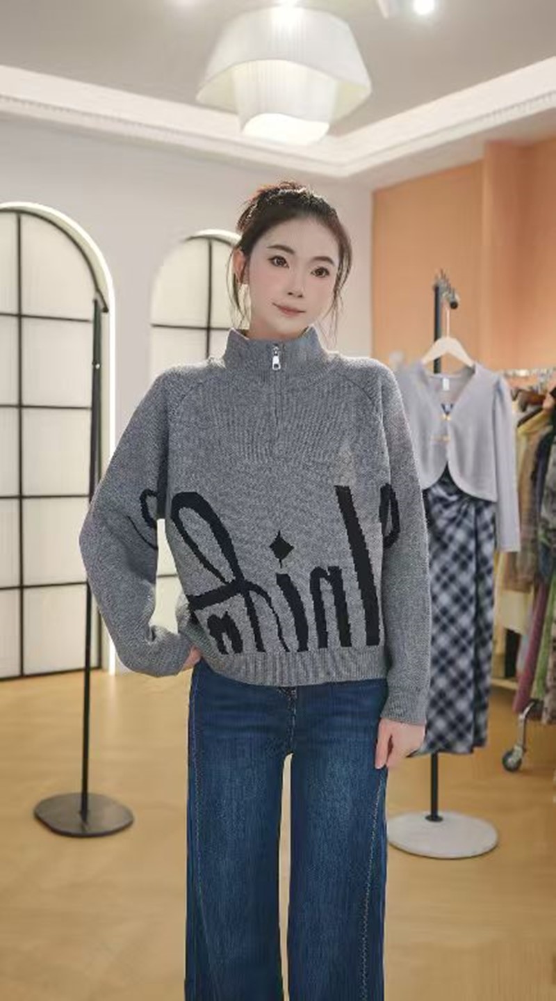 欧货2025秋冬新款高级感灰色图案长袖针织毛衣女宽松上衣